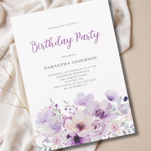 パープルエレガントフローラ誕生日 招待状