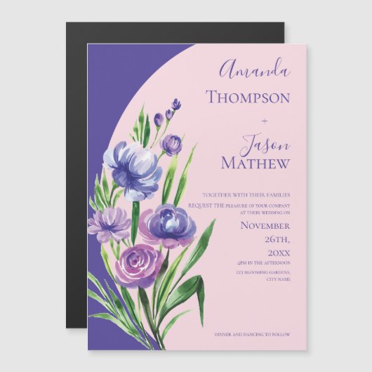 パープルエレガントフローラ赤面ピンク結婚ズ マグネット招待状 (正面/裏面)