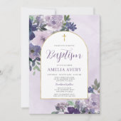 パープルエレガントフローラ金ゴールドアーチガールバプテスマ 招待状 (正面)