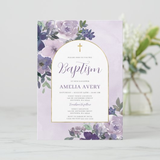 パープルエレガントフローラ金ゴールドアーチガールバプテスマ 招待状 (スタンド正面)