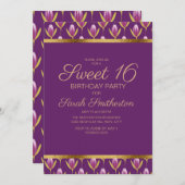 パープルエレガントフローラ金ゴールドスウィート16誕生日 招待状 (正面/裏面)