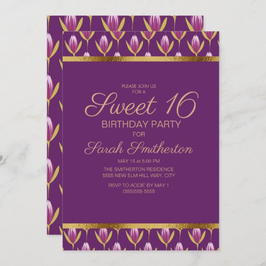 パープルエレガントフローラ金ゴールドスウィート16誕生日 招待状 (正面/裏面)