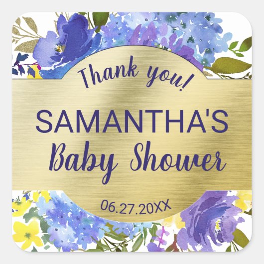 パープルエレガントフローラ金ゴールドベビーシャワーありがとう スクエアシール (正面)