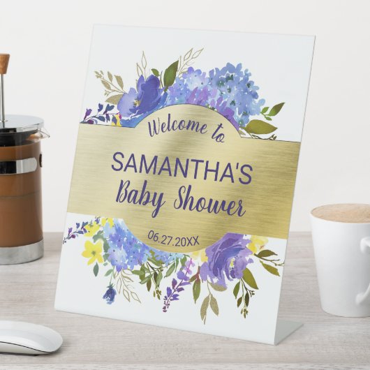 パープルエレガントフローラ金ゴールドベビーシャワーありがとう 台座サイン (インサイチュ)