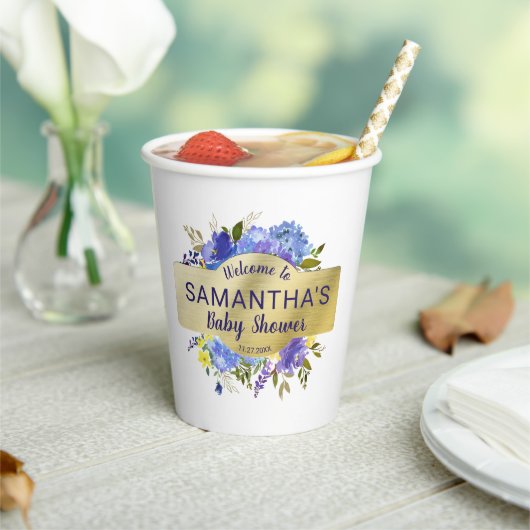 パープルエレガントフローラ金ゴールドベビーシャワーへようこそ 紙コップ (インサイチュ)