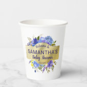 パープルエレガントフローラ金ゴールドベビーシャワーへようこそ 紙コップ (正面)