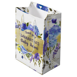 パープルエレガントフローラ金ゴールドベビーシャワーメッセージカード ミディアムペーパーバッグ