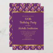 パープルエレガントフローラ金ゴールド100th誕生日パーティー 招待状 (正面/裏面)