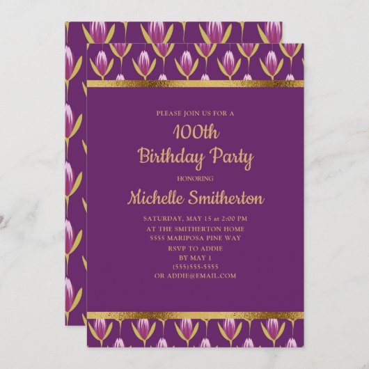 パープルエレガントフローラ金ゴールド100th誕生日パーティー 招待状 (正面/裏面)