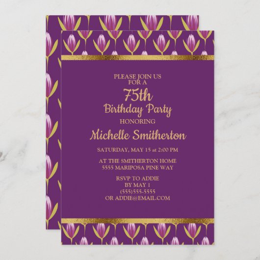 パープルエレガントフローラ金ゴールド75th誕生日パーティー 招待状 (正面/裏面)