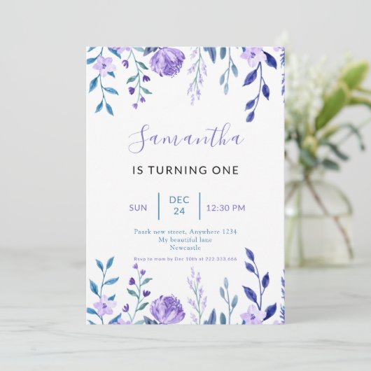 パープルエレガントフローラ1回目の誕生日 招待状 (スタンド正面)