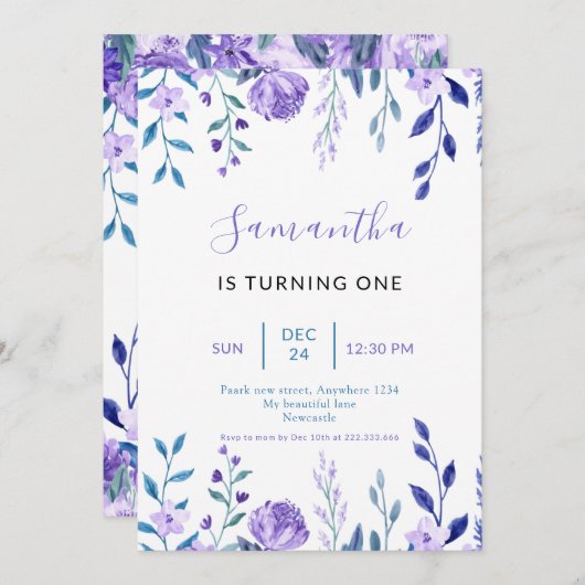 パープルエレガントフローラ1回目の誕生日 招待状 (正面/裏面)