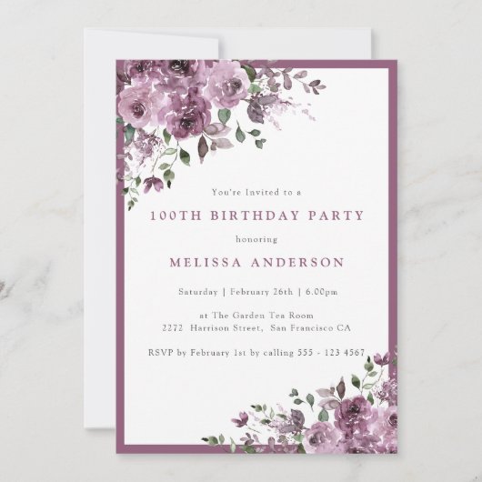 パープルエレガントフローラ100th誕生日パーティー 招待状 (正面)