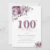パープルエレガントフローラ100th誕生日パーティー 招待状 (正面)