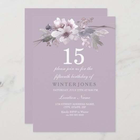 パープルエレガントフローラ15thバースデーパーティー招待状 招待状 (正面/裏面)