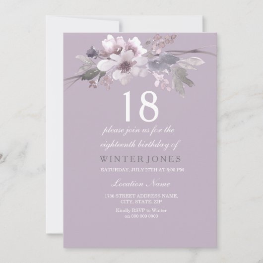 パープルエレガントフローラ18thバースデーパーティー招待状 招待状 (正面)