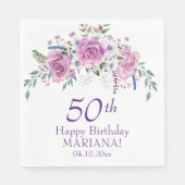 パープルエレガントフローラ50 60任意の年齢の誕生日パーティー スタンダードランチョンナプキン (正面)