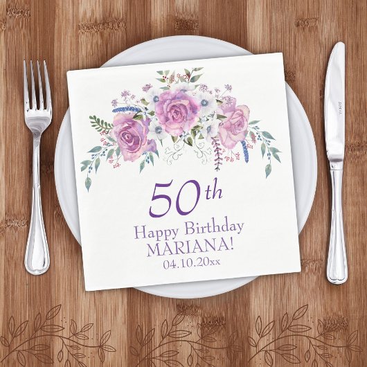 パープルエレガントフローラ50 60任意の年齢の誕生日パーティー スタンダードランチョンナプキン