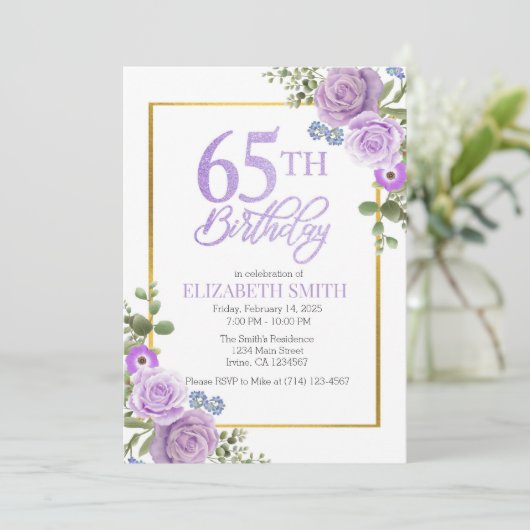 パープルエレガントフローラ65番目の誕生日招待状 招待状 (スタンド正面)