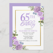 パープルエレガントフローラ65番目の誕生日招待状 招待状 (正面/裏面)