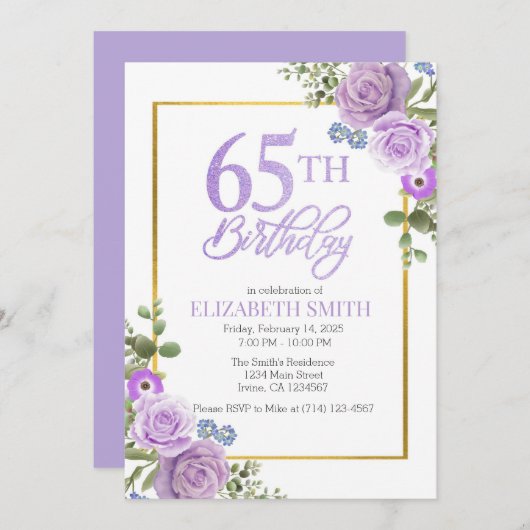 パープルエレガントフローラ65番目の誕生日招待状 招待状 (正面/裏面)
