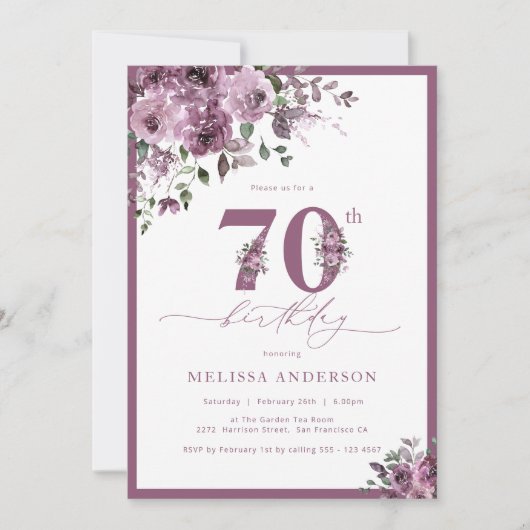パープルエレガントフローラ70番目の誕生日招待状 招待状 (正面)