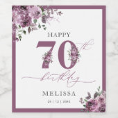 パープルエレガントフローラ70th誕生日パーティー ワインラベル (シングルラベル)