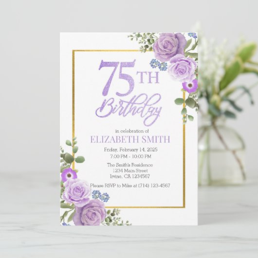 パープルエレガントフローラ75番目の誕生日招待状 招待状 (スタンド正面)