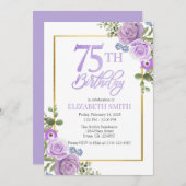 パープルエレガントフローラ75番目の誕生日招待状 招待状 (正面/裏面)
