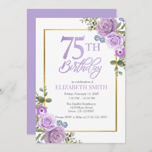 パープルエレガントフローラ75番目の誕生日招待状 招待状 (正面/裏面)