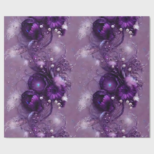 パープルエレガントフローラ、シルバー、パール ラッピングペーパー (フラット)