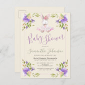パープルエレガントフローラ&バニーガールベビーシャワー インビテーションポストカード (正面/裏面)