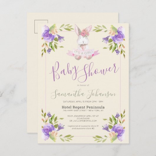 パープルエレガントフローラ&バニーガールベビーシャワー インビテーションポストカード (正面/裏面)
