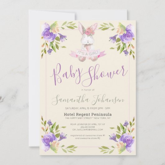 パープルエレガントフローラ&バニーガールベビーシャワー 招待状 (正面)