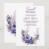 パープルエレガントフローラSweet sixteen誕生日 招待状 (正面/裏面)