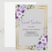パープルエレガントフローラSweet sixteen金ゴールドアクセント 招待状 (正面/裏面)