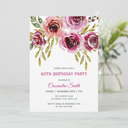 パープルエレガントブラウンバラフローラ誕生日 招待状 (スタンド正面)