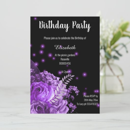 パープルエレガントブラックフローラ誕生日招待状 招待状 (スタンド正面)