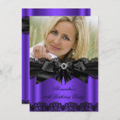 パープルエレガントブラックレースダイヤモンドボウ誕生日 招待状 (正面/裏面)