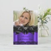 パープルエレガントブラックレースダイヤモンドボウ誕生日 招待状 (スタンド正面)