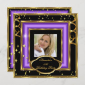 パープルエレガントブラック金ゴールドフォトバースデーパーティー2 招待状 (正面/裏面)