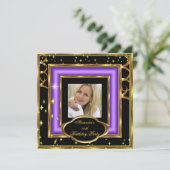 パープルエレガントブラック金ゴールドフォトバースデーパーティー2 招待状 (スタンド正面)