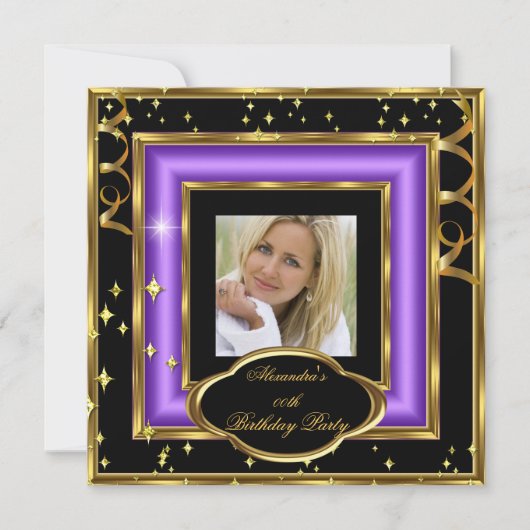 パープルエレガントブラック金ゴールドフォトバースデーパーティー2 招待状 (正面)