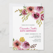 パープルエレガントブルゴーニュバラフローラ誕生日 招待状 (正面)