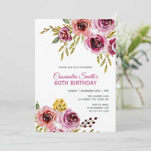 パープルエレガントブルゴーニュバラフローラ誕生日 招待状 (スタンド正面)