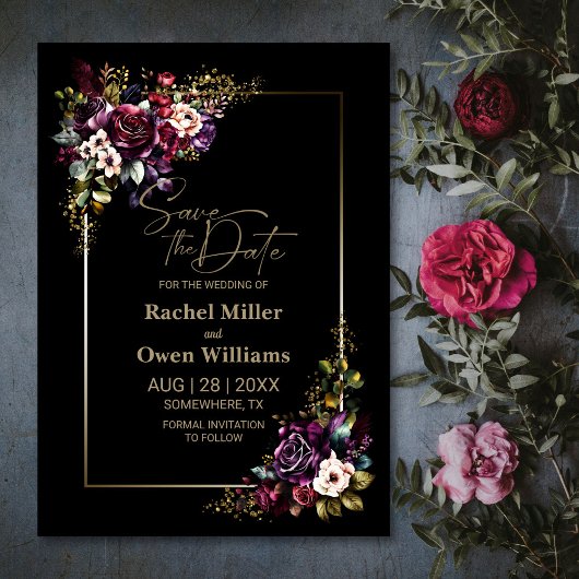 パープルエレガントブルゴーニュ黒フローラズ結婚ズ セーブザデート