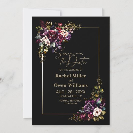 パープルエレガントブルゴーニュ黒フローラズ結婚ズ セーブザデート (正面)