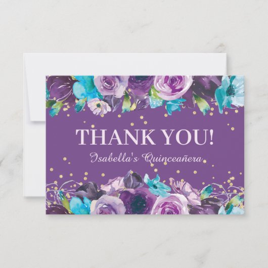 パープルエレガントブルーフローラキンセアニラ誕生日 サンキューカード (正面)