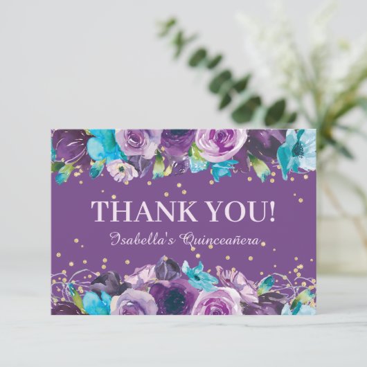パープルエレガントブルーフローラキンセアニラ誕生日 サンキューカード (スタンド正面)