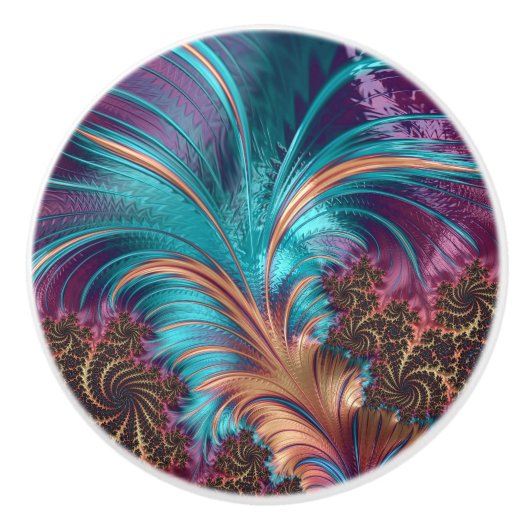 パープルエレガントブルー抽象芸術フェザーデザイン セラミックノブ (正面)